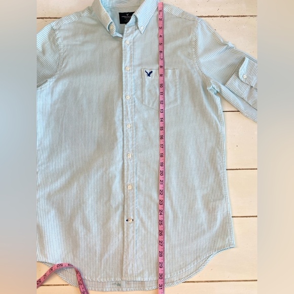AMERICAN EAGLE OUTFITTERS Stripe Button Up Shirt Men’s Medium Tall Green Preppy - Picture 4 of 10